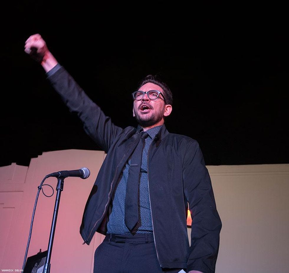 Advocate editor in chief Lucas Grindley rallied the crowd