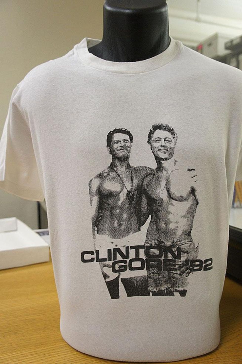 Clinton/Gore 1992 Images of Bill Clinton and Al Gore with muscle bodies.
