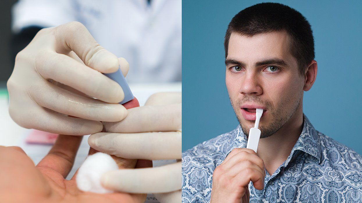 Doctor Pricking finger Blood Test for donation alongside man with HIV express test mouth swab