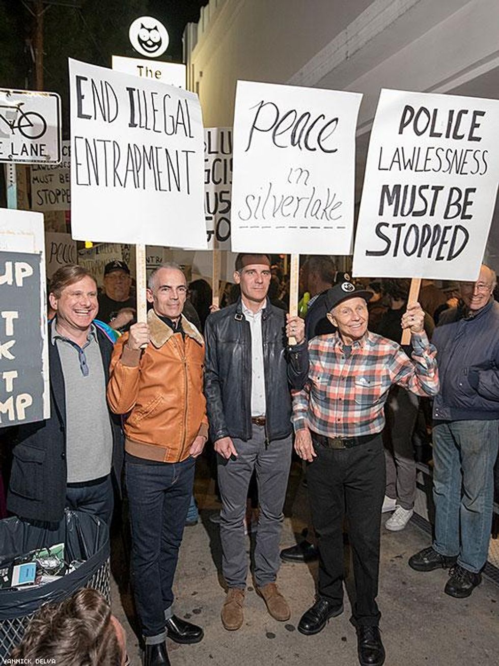 Out elected city officials Ron Galperin and Mitch O'Farrell, plus the mayor, stand alongside Romanoff