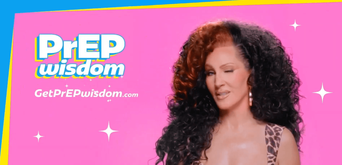 Person with curly hair winks on pink background, text reads "PrEP wisdom" and "GetPrEPwisdom.com."
