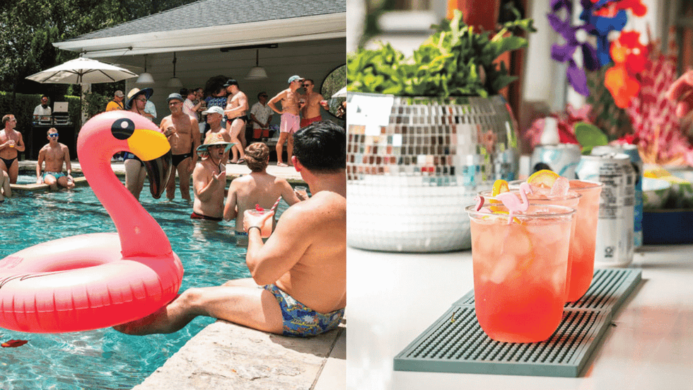 several men in swimsuits in and around a  swimming pool; a couple of colorful cocktails